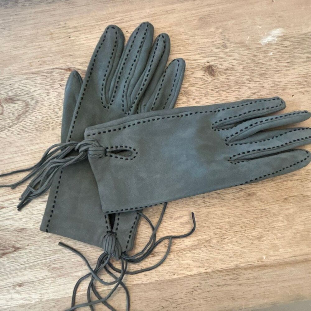 Hermes vintage lambskin suede gray width stitching gloves winter S